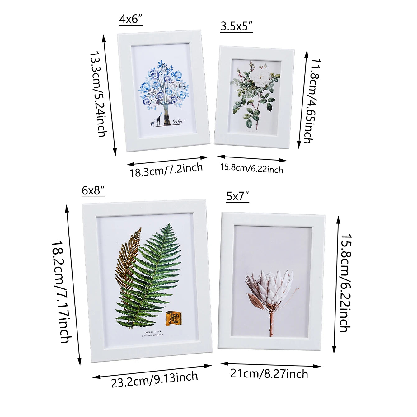 Multi-size tabletop photo frames for displaying 5, 6, 7, and 8-inch photos, suitable for placement in living rooms, bedrooms