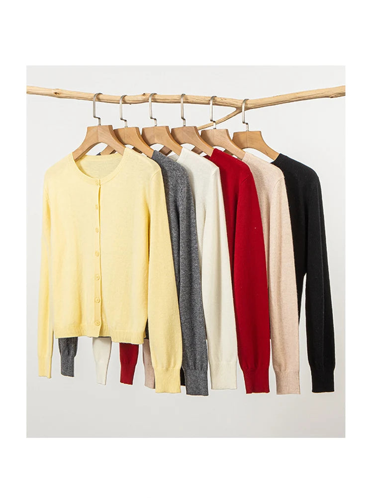 SuyaDream, Cardigans For Woman, 100%Merino Wool, Round Collar, Solid Plain Sweaters, 2024 Fall Winter Jackets, Beige, Black