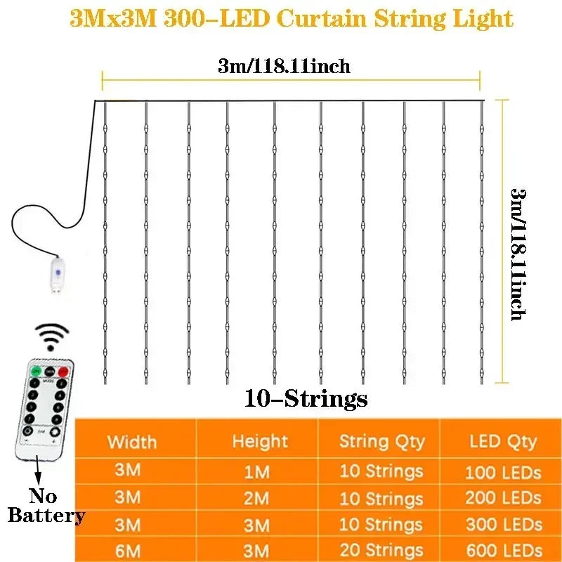 USB Plug Wedding Garland Valentine's Day Ramadan EID Mubarak Decoration for Home Curtain Lights 8 Modes LED Curtain Fairy Light