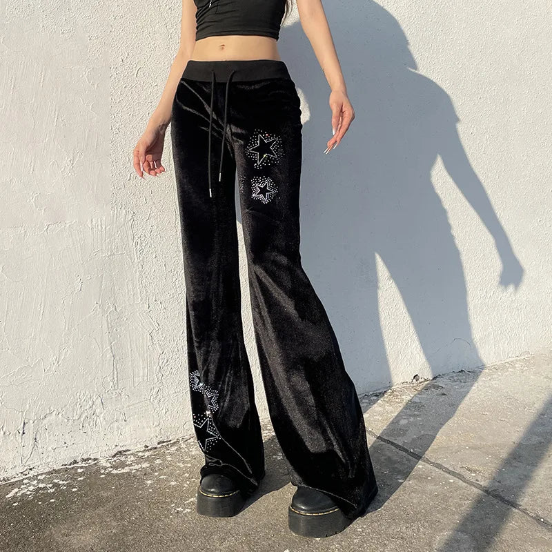 AltGoth Y2k Streetwear Gothic Velvet Pants Women Dark Cyber Punk Harajuku Grunge Pentagram Printed Low Waist Stright Pants Femme