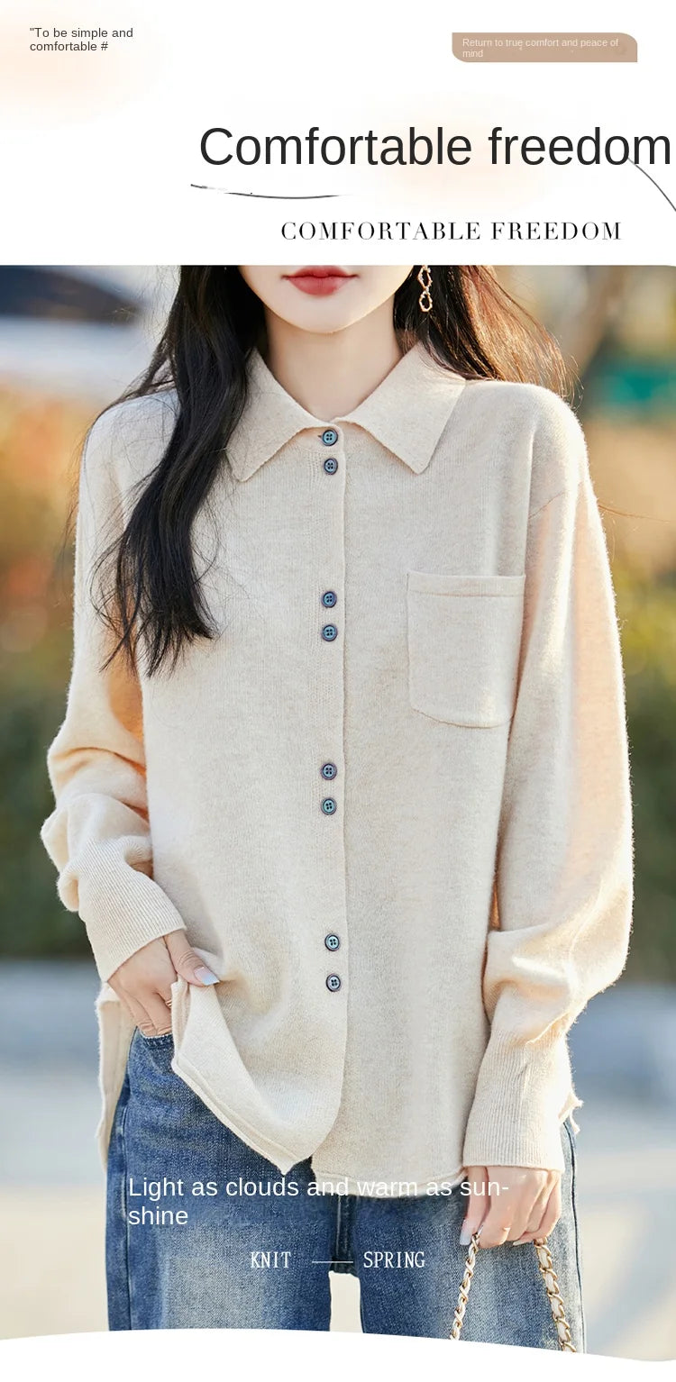POLO Collar Wool Sweater 100 Pure Wool Spring And Autumn New Knitted Women Loose And Slimming Cardigan ZA682