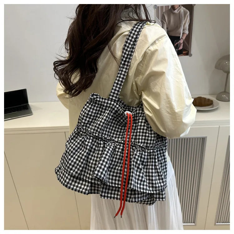 Women's Tote Bag Ruffles Plaid Drawstring Handbag Women Fashion Canvas Shoulder Bags	Large Capacity Korean Bags Bolsos De Mujer