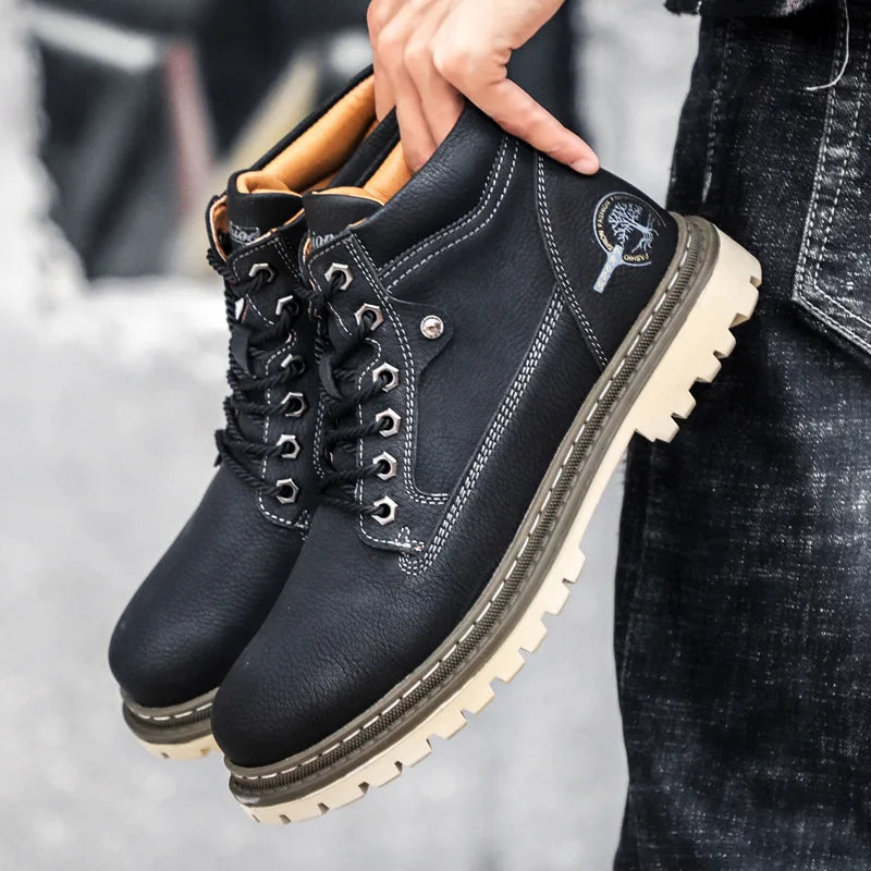 Men's High-Top British Style Motorcycle Boots Durable Cowboy Ankle Shoes Rugged Casual Non-Slip Leather Outdoor Work Footwear
