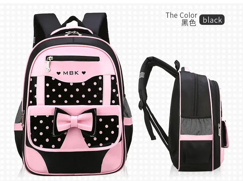 Lightweight School Backpack for Girls Kids Ages 6-12, Cute Polka Dot Bow Elementary Bookbag with Ergonomic Padded Straps