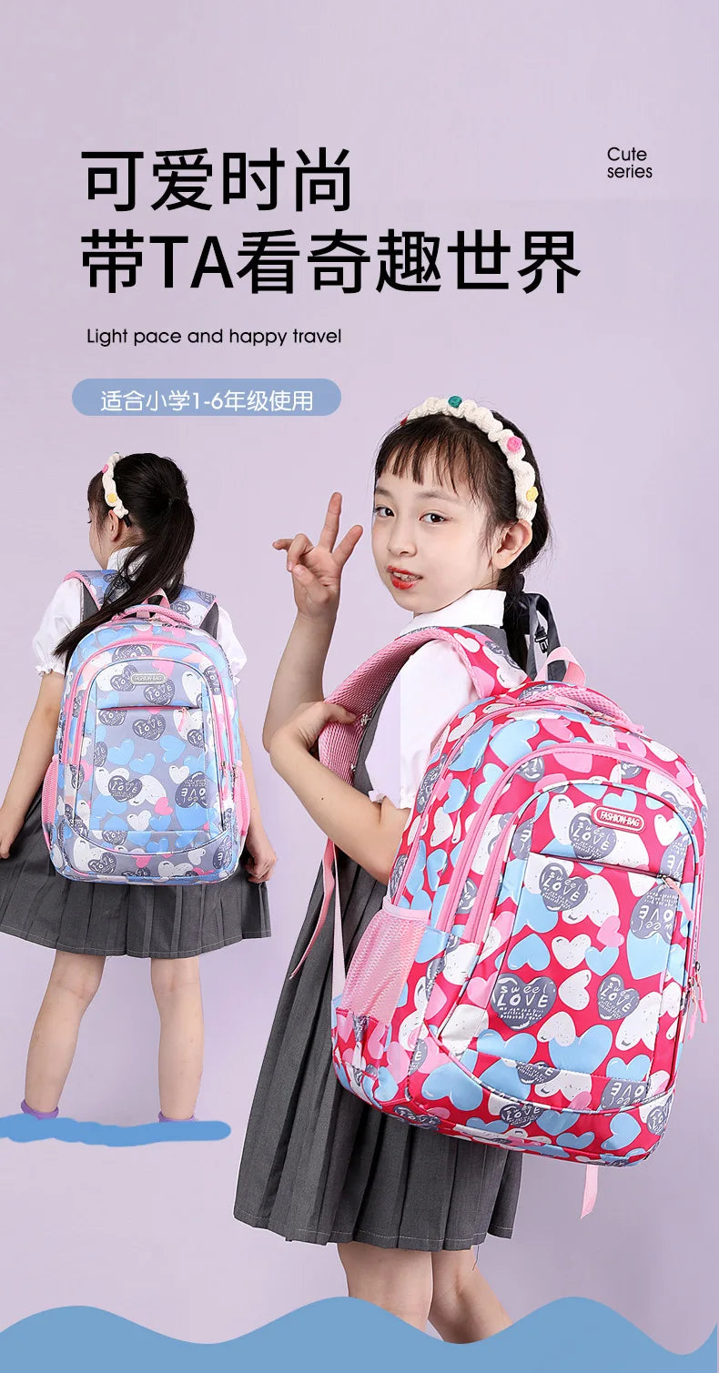 Student Boys And Girls School Bags Love Heart Printed Student Shoulder School Bags 1-6 Grade Light Weight Double  Shoulder Bags