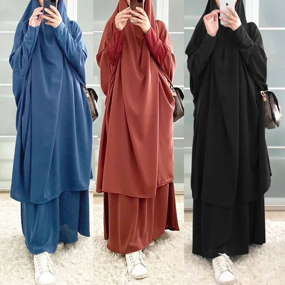 15 Colors Eid Hooded Muslim Dress Set Women Hijab Dress Prayer Garment Islamic Abaya Long Khimar Ramadan Gown Abayas Skirt Suit