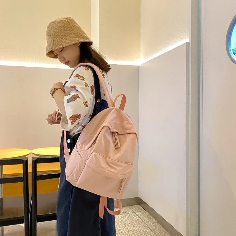 Simple Solid Color Backpack Women 2022 Waterproof Nylon School Bags For Teenager Girls Bookbag Lady Travel Backbag Shoulder Bag