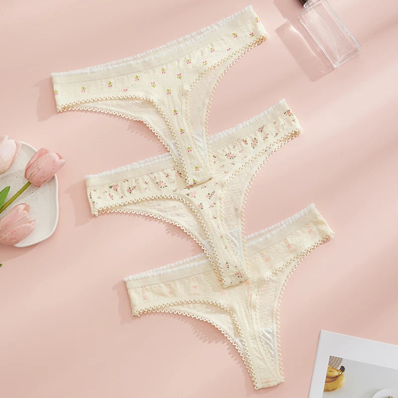 3pcs Fashion Cute Print Panties For Women Thongs Cotton Spring Summer Soft Lingeries Sexy Hot Bow Women'S Thong