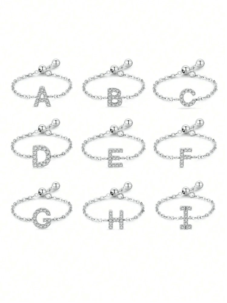 925 Sterling Silver Fashion Letter Chain Adjustable Full Zircon Ring For Women Party Personalized High Quality Fine Jewelry