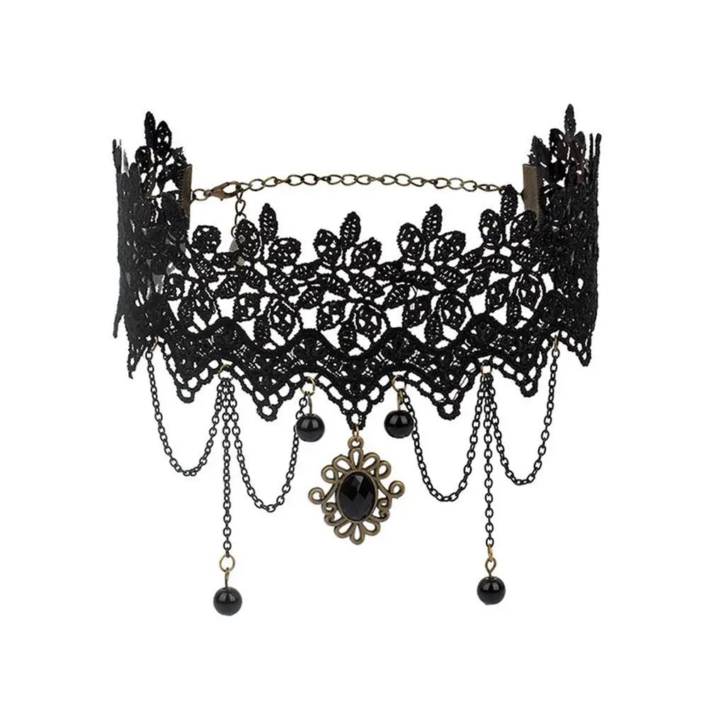 Sexy Neck Chain Steampunk Style Collar Chocker Gemstone Pendant Black Lace Gothic Necklace
