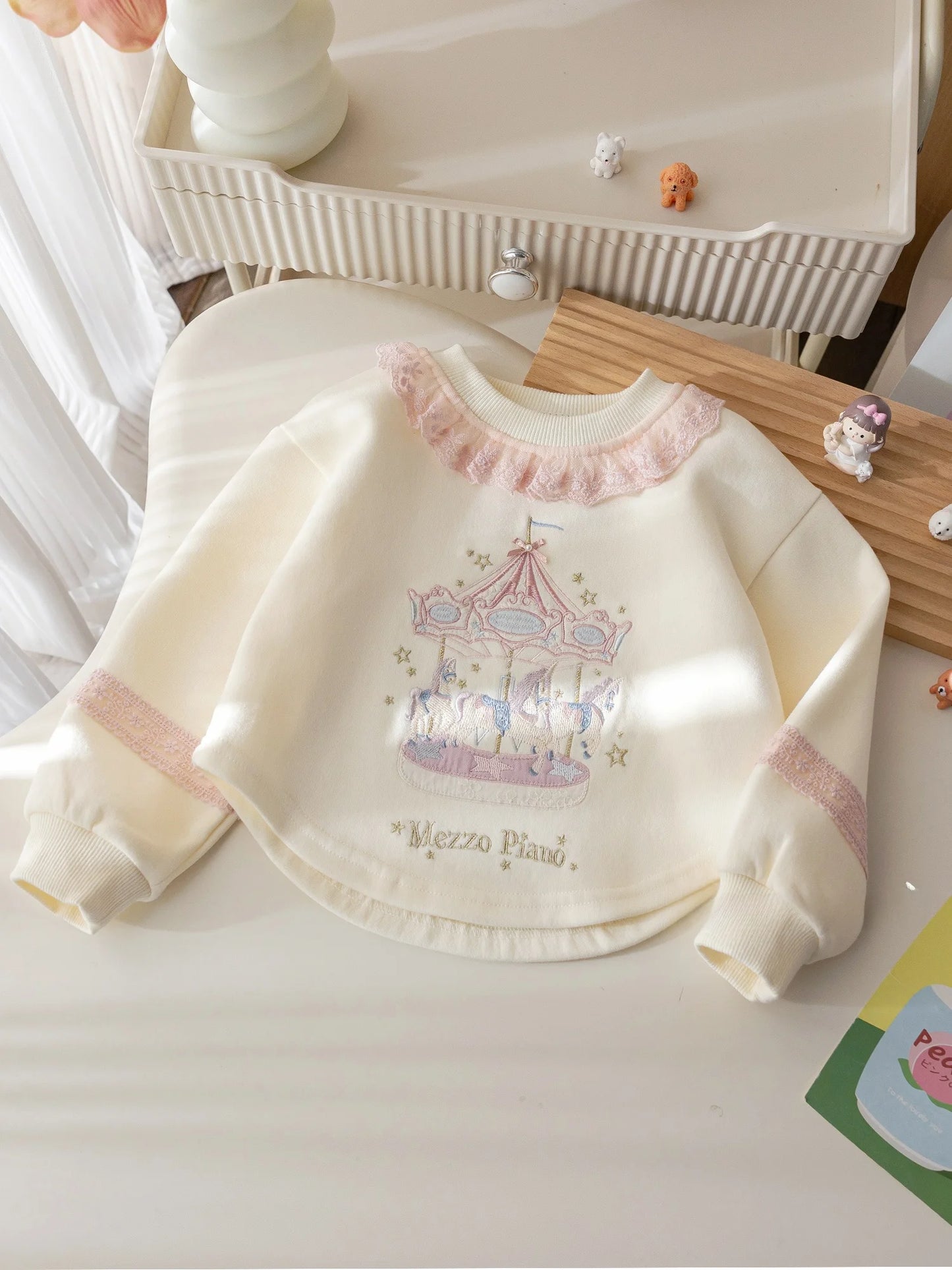 Girls Spring New Style Embroidered Sweatshirt Lace Trim Hoodie Baby Spring Clothes Korean Version Heavy Embroidery Top