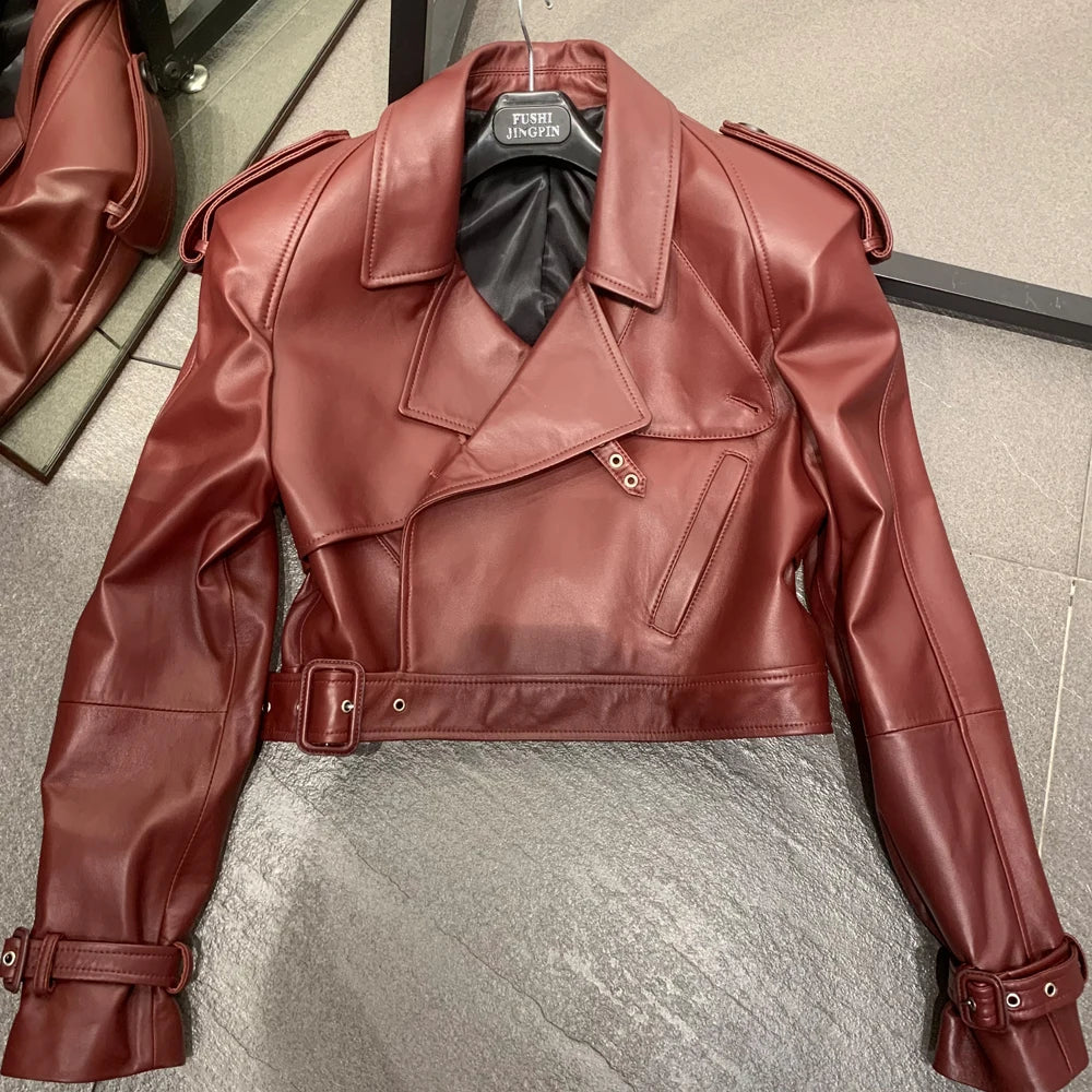 Female Leather Jacket Women Winter Genuine Sheep Leather Coat Wide Shoulder Paddad 23012