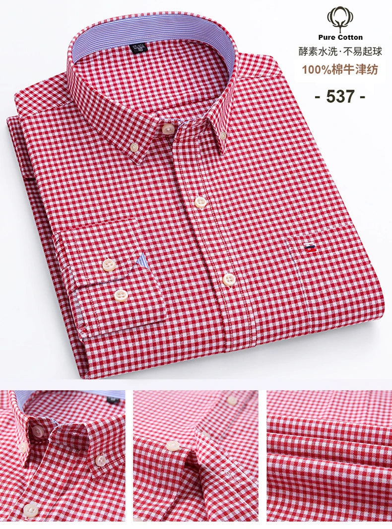 S-6XL Casual Pure Cotton Oxford Mens Shirts Long Sleeve Embroidery Horse Design Regular Fit Fashion Button Man White Dress Shirt
