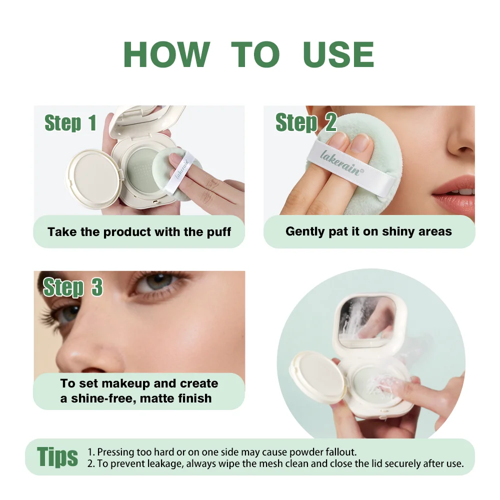 Lakerain Blurring Oil Control Powder Smooth Matte Finish Sweat Humidity Resistant Leak-Proof Design Blurring Hydrating Powder