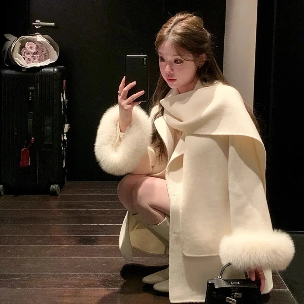 Elegant Wool Coat Warm Women Double Faced Luxury Real Fox Fur Sleeves 100 Wool Scarf Autumn Winter 2025 New Fashion Trench Coat