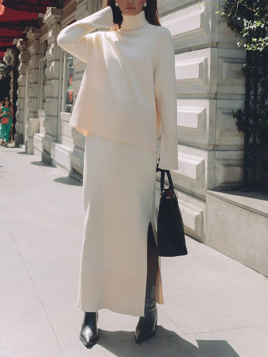 Wolfeel Winter New Thick Women's 2 Pieces Knitted Skirt Suits Soft Turtleneck Sweater Wide Skirt Knitted Outfit Stylish Warm