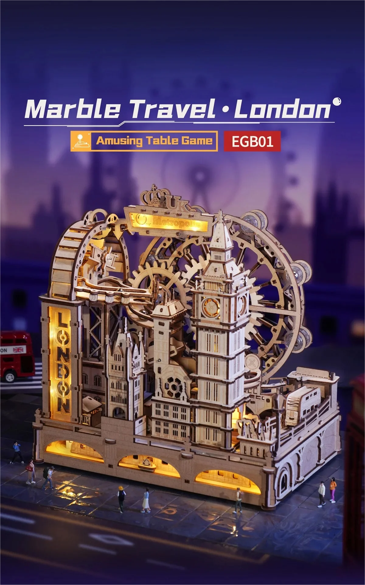 3D Wooden Puzzle Marble Run Building Kit London City Model with Lights Mechanical DIY Landmark Puzzle for Adults Teens