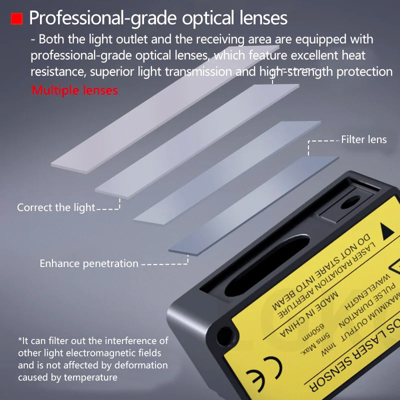 The laser displacement sensor features high-precision distance measurement and thickness detection, with rs485 switch analog out