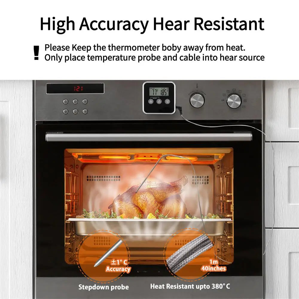 LED Digital Thermometer with Waterproof Probe BBQ Oven Temperature Inspection Instrument Timer High Temperature Alarm