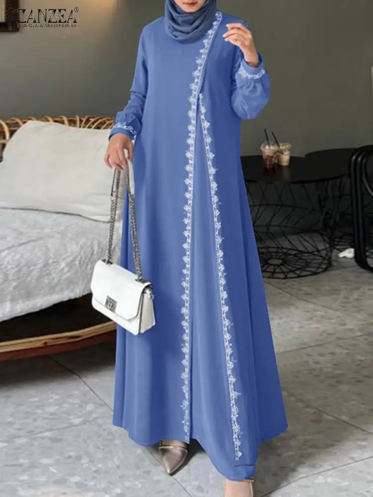 Autumn Lace Crochet Maxi Dress ZANZEA Muslim Turkey Abaya Elegant Loose Vestidos Women Long Sleeve O Neck IsIamic Robe Kaftan