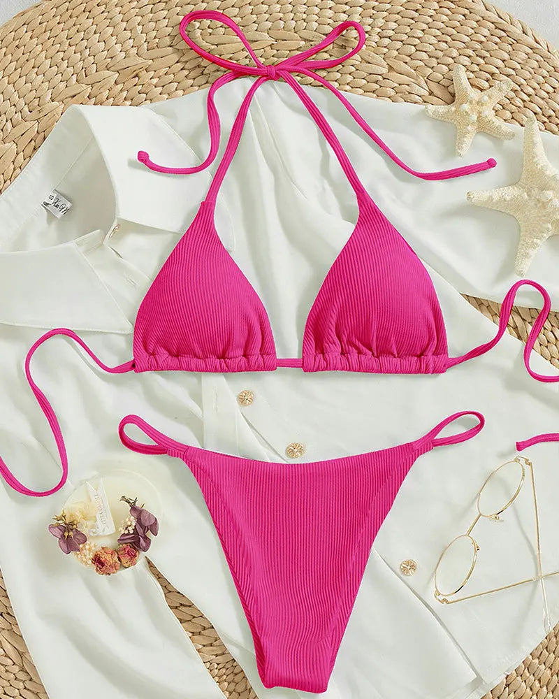 Bathing Suit Women Sexy Solid Halter Swimsuit Special Stripe Fabric Bikini Set Drawstring Lace Up Two-piece Split Beach Biquini