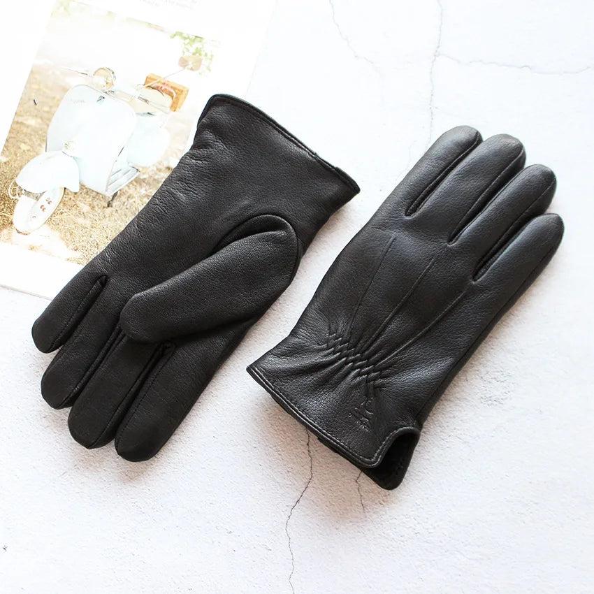 Winter Thick Sheepskin Fur Lining Warm Goatskin Gloves Men's Deerskin Pattern Leather Sheep Shearing Cold-Proof Finger Gloves