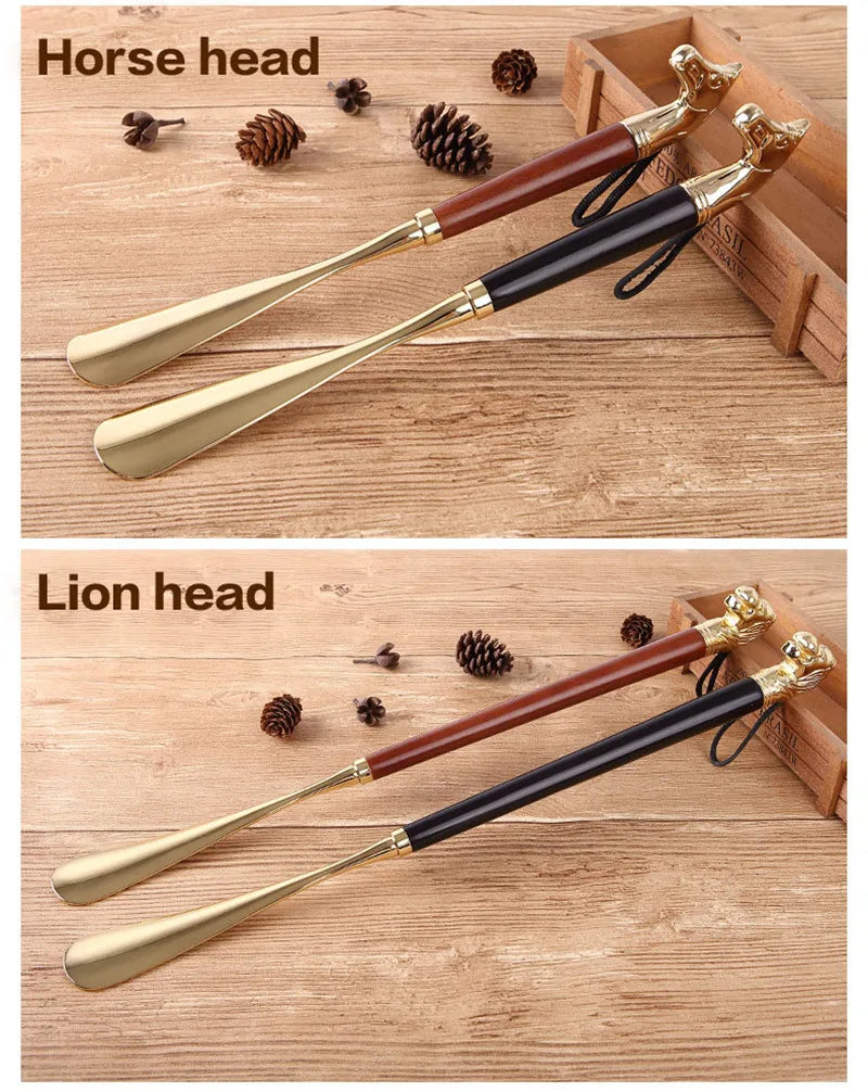 High-quality Delicate Lion Horse Head Metal Shoe Horn Luxury Shoe Pull-on Non-bending Alloy Solid Wood Shoes Pull-on Apparatus