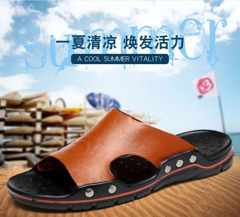 Genuine Leather Slippers for Men Casual Big Size Wear-Resistant Non-slip Fashion Flat Breathable Comfortable Shoes Summer Main