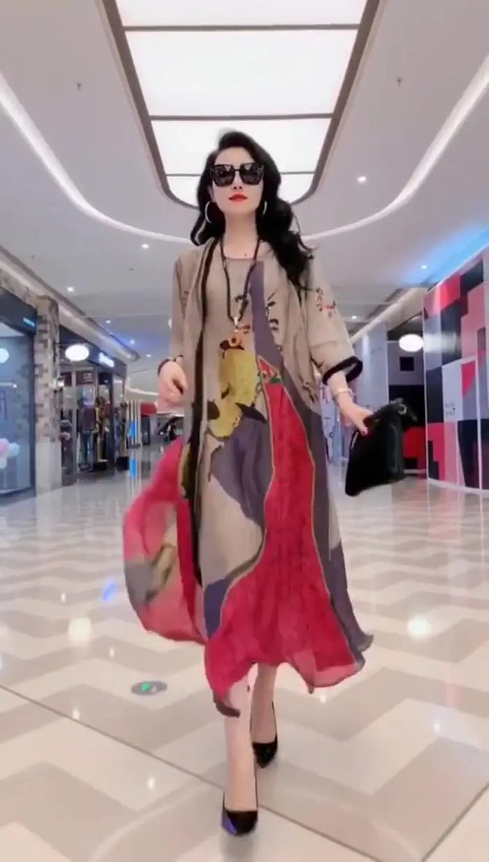 Authentic Silk Dress for Mother, Silkworm Loose Dress, High-End Print, 2-Piece Dress, Women's Dresses, Spring, Summer, New, 2023