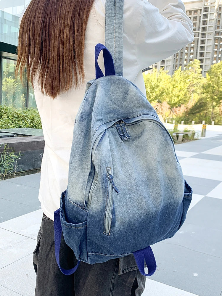 Men's and Women's Backpacks, Student School Bags, Large-Capacity Washed Denim Bags
