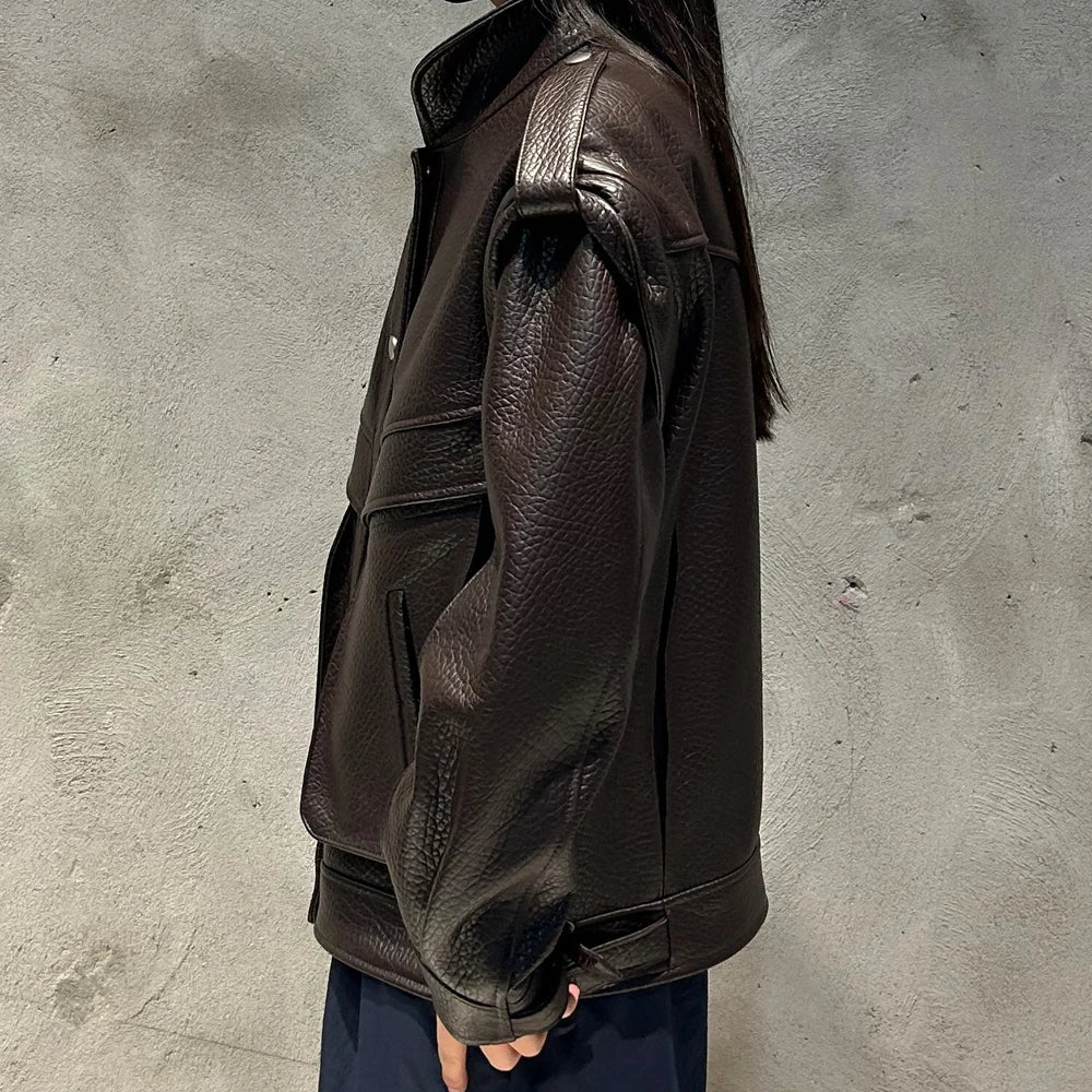 Oversized Brown Grained Letaher Jackets Women Genuine Jacket Sheep Leather Autumn Bomber Leather Jackets