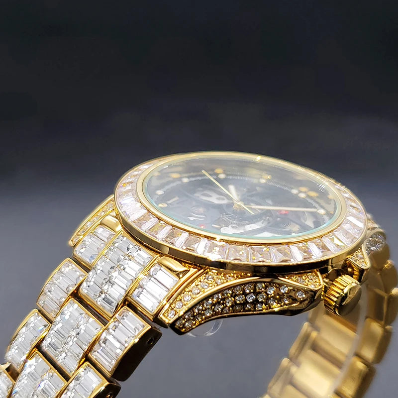 Automatic Watch For Men Diamond Luxury Hip Hop Street Style Luminous Men Mechaincal Watches With Baguette Zircon Bracelet Clock