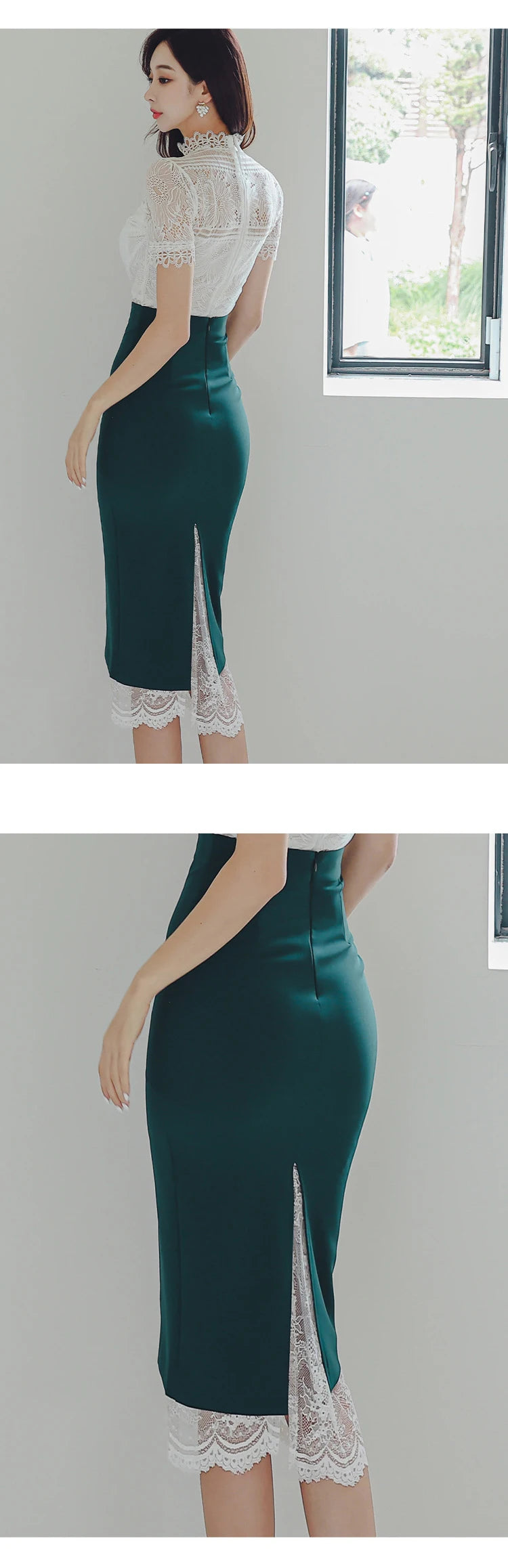 Summer Women Clothes Fashion Elegant 2 Pieces Outfit Sheer Sexy Lace White Tops Shirt Blouse And High Waist Midi Skirt Mujer Set
