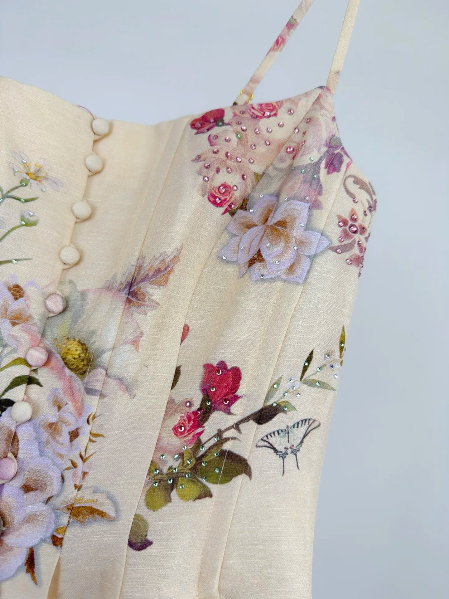 Women Silk Flower Printed Long Dress Heavy Beaded V-Neck Lantern Sleeve Loose Female dress