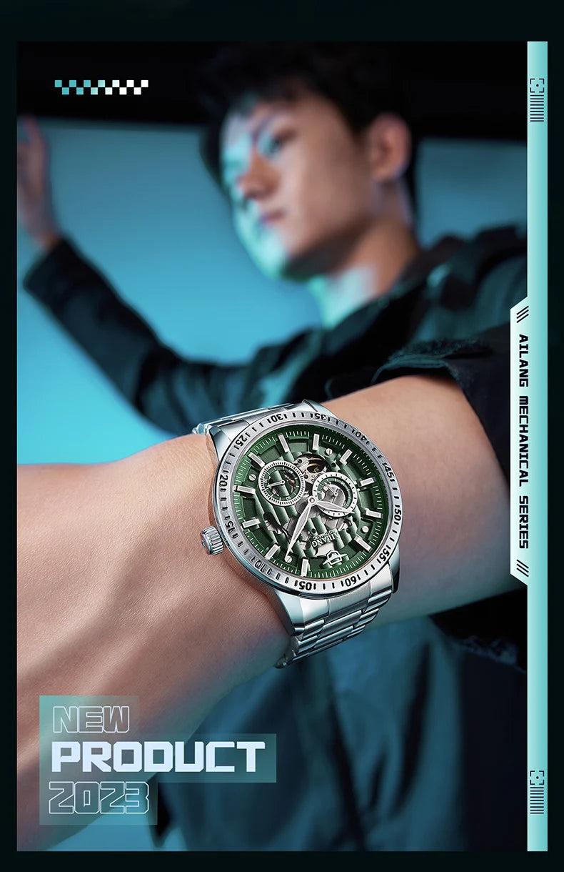 AiLang automatic mechanical watch back hollow out men high-end fashion multifunctional calendar glow-in-the-dark waterproof