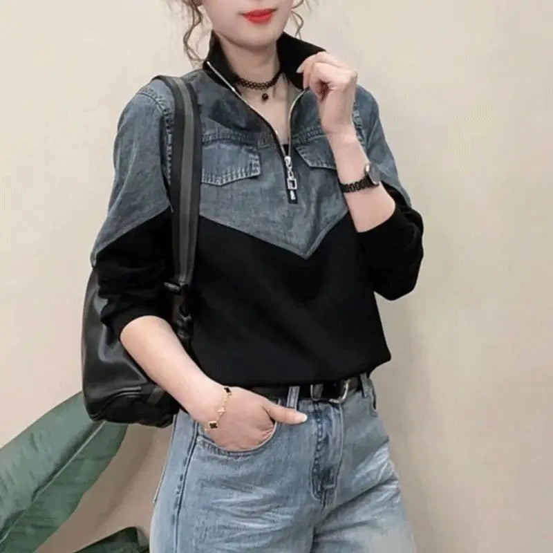 Women's Spring New Casual Half Zipper Denim Splicing Korean Version Loose Everything Shirt Contrast Color Stand Collar T-Shirts