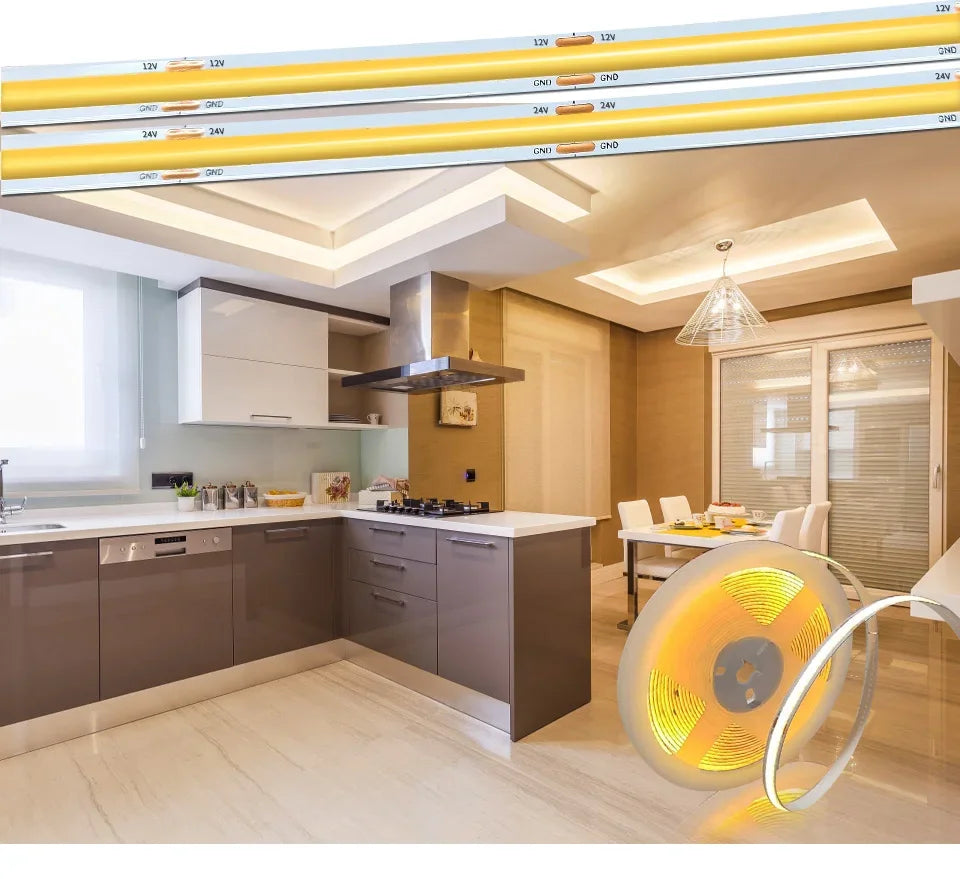 COB LED Strip Lights 12V 24V 10M 5M 3M 2M 1M 320LEDs/M High Density Flexible LED Tape 2700K 4500K 6000K Kitchen Room Decor 8mm
