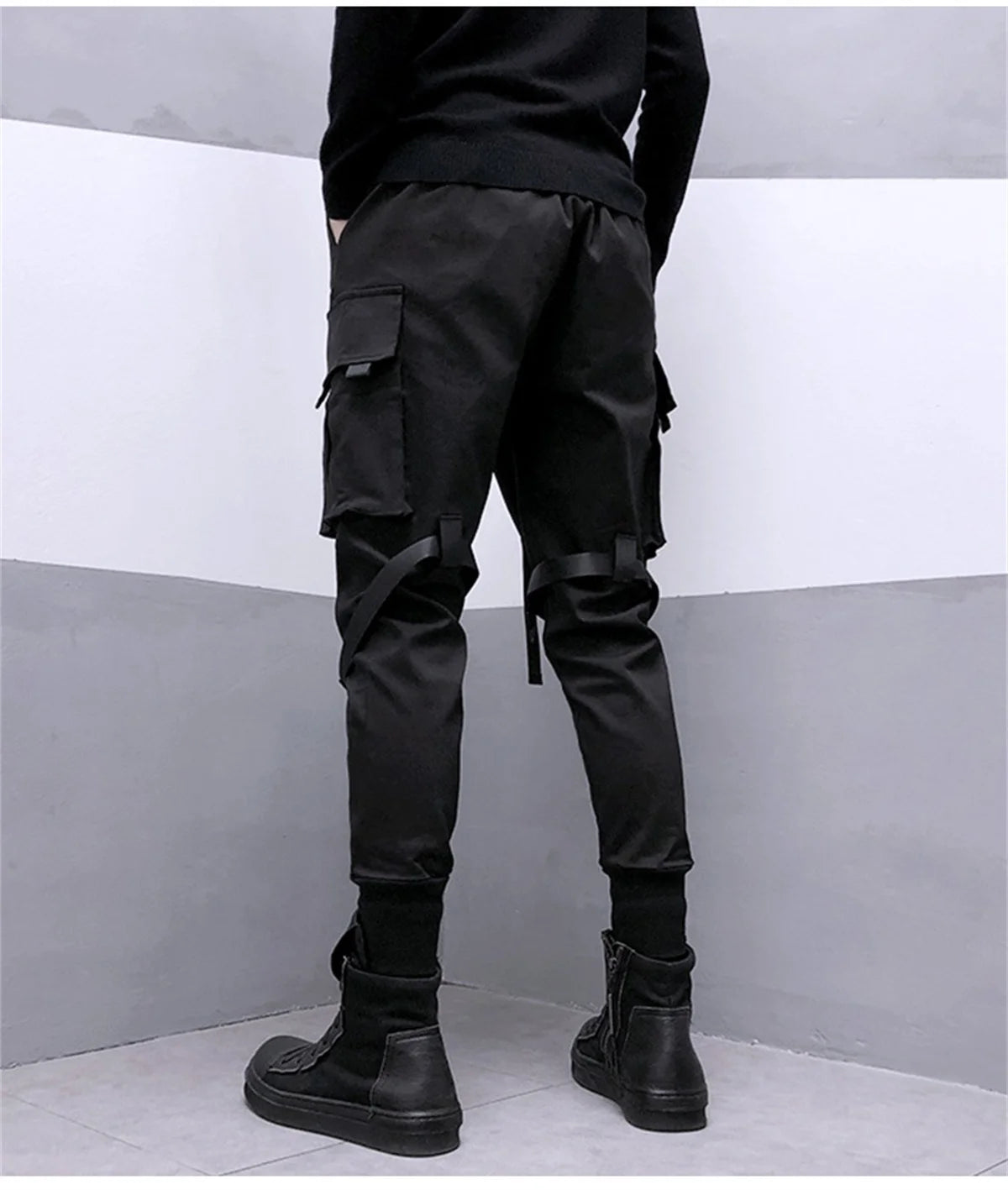 Black Cargo Pants Hip Hop Joggers Men Loose Harem Pants Multi-pocket Ribbon Men's Pants Trousers Streetwear Sport Pants for Men