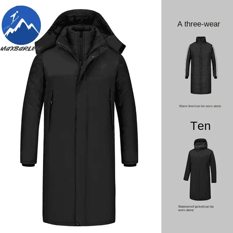 Winter Jacket 3 1-in -1 Removable 2-piece Set Mens Retro Long Warm Padded Jacket Snow Waterproof Thick Hooded Windbreaker Parkas
