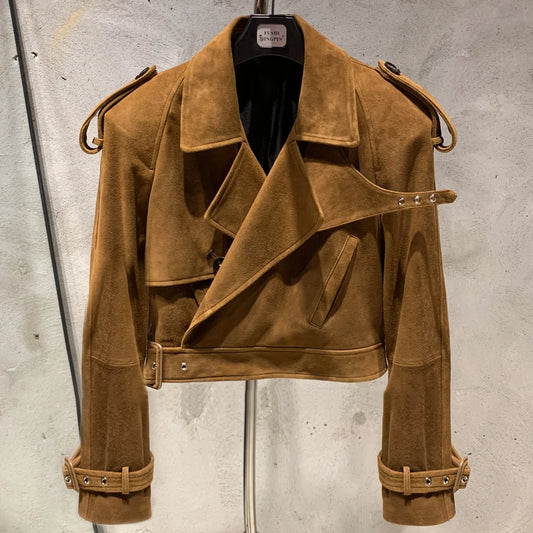 Suede Leather Jackets Women Winter Genuine Sheep Leather Coat Broad Shoulder and Paddad 23012