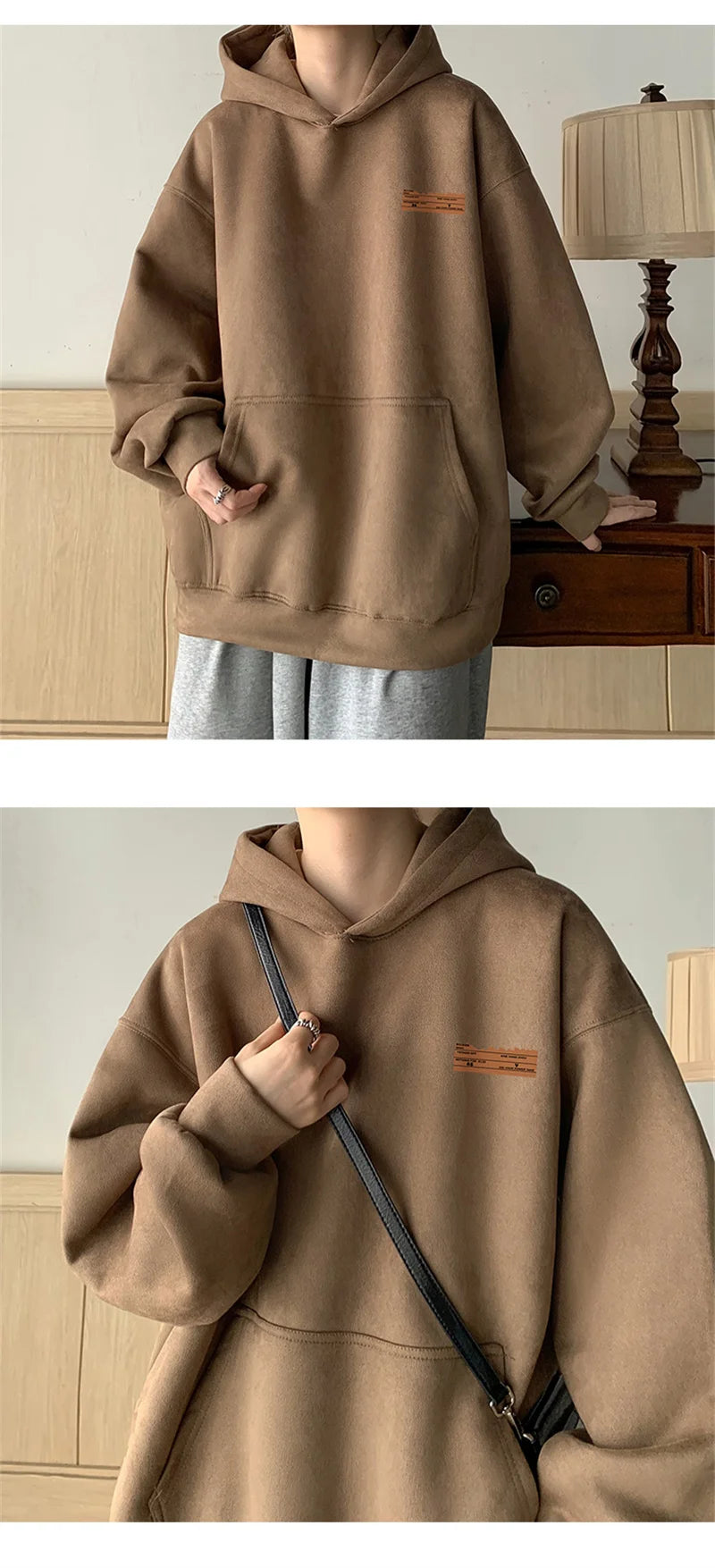 2026 New Suede Hooded Sweatshirts For Men Autumn Y2K Streetwear Printed Hoodies Hip Hop Fashion Retro Fleece Hoody Clothes