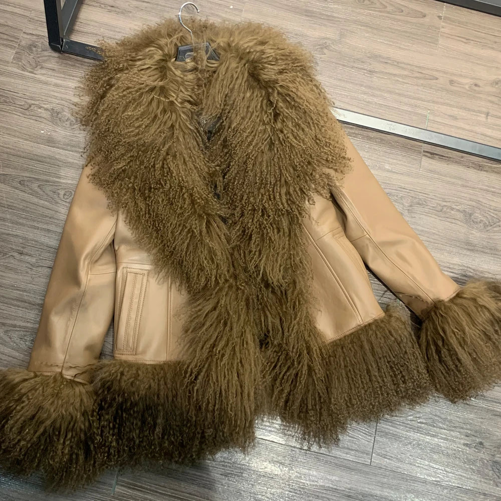 Sheep Collar Coats Women Winter Luxury Mongolian Fur Leather Jackets with Long Sleeve 7251
