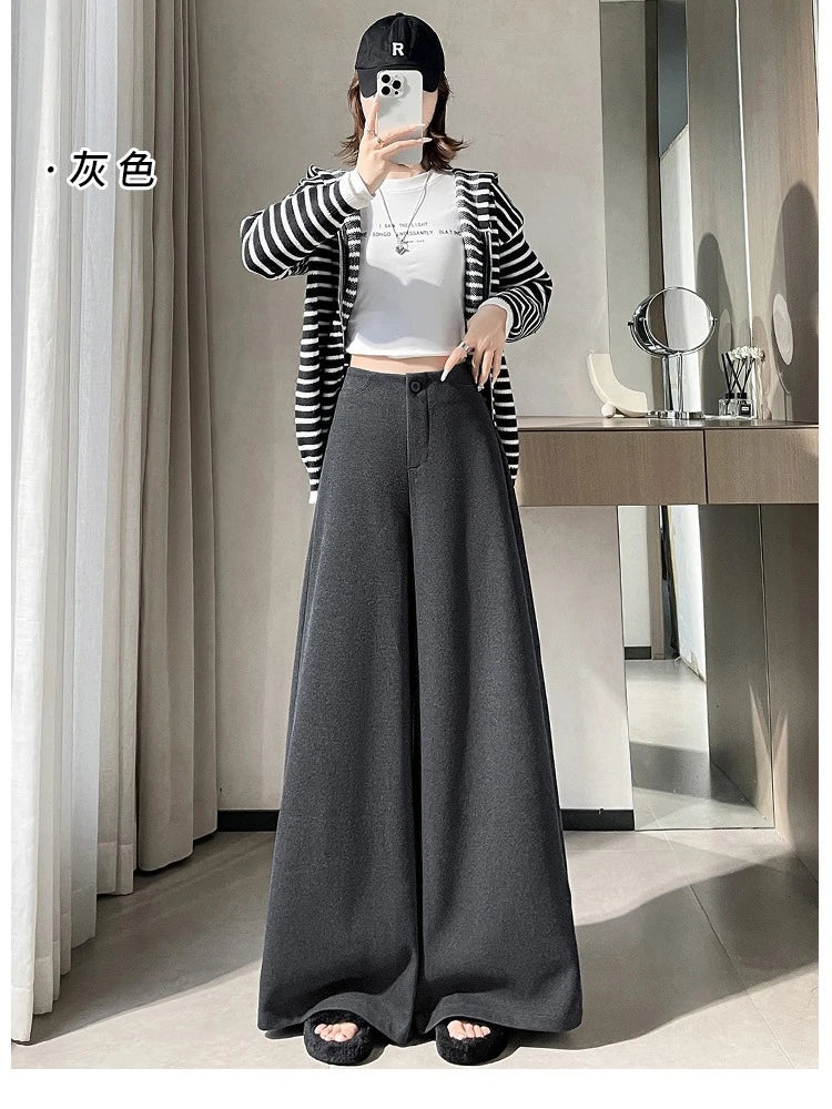 High Quality Woolen Suit Wide-leg Pants Women Fall Winter High-waisted Loose Trouser Female Chic Solid Thick Outwear Bottoms New