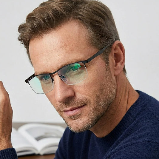 Men Classic Semi-Rimless Reading Glasses With Green Coating High-Definition Lens Comfortable Fit Suitable Home Office Use Gift