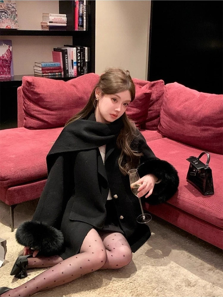 Elegant Wool Coat Warm Women Double Faced Luxury Real Fox Fur Sleeves 100 Wool Scarf Autumn Winter 2025 New Fashion Trench Coat