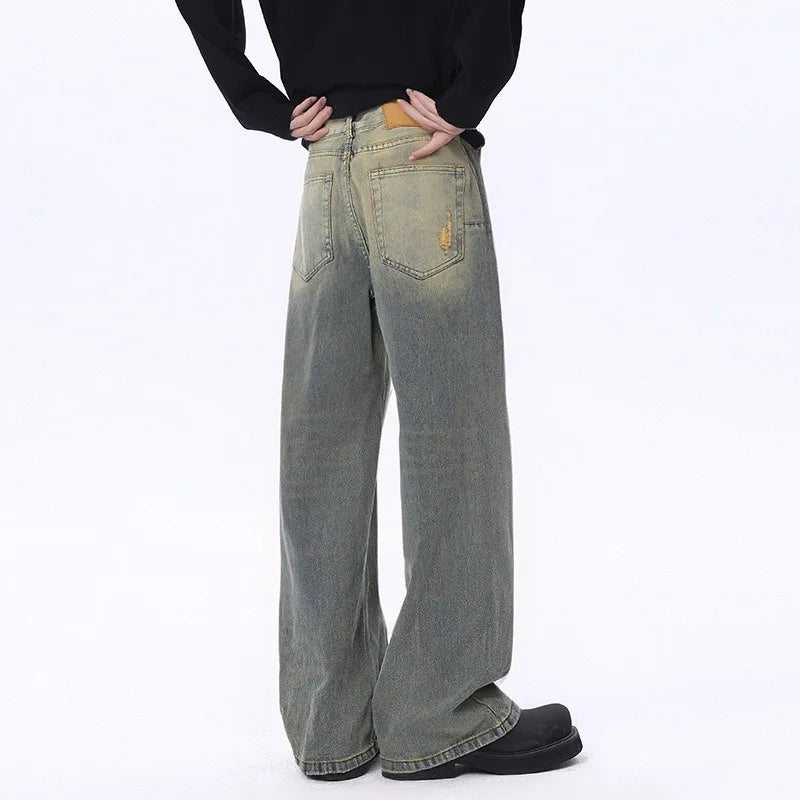2025 Stylish Minimalistic Washed Ripped Denim Pants for Men Retro High Street Loose Wide Leg Pants for Spring and Autumn