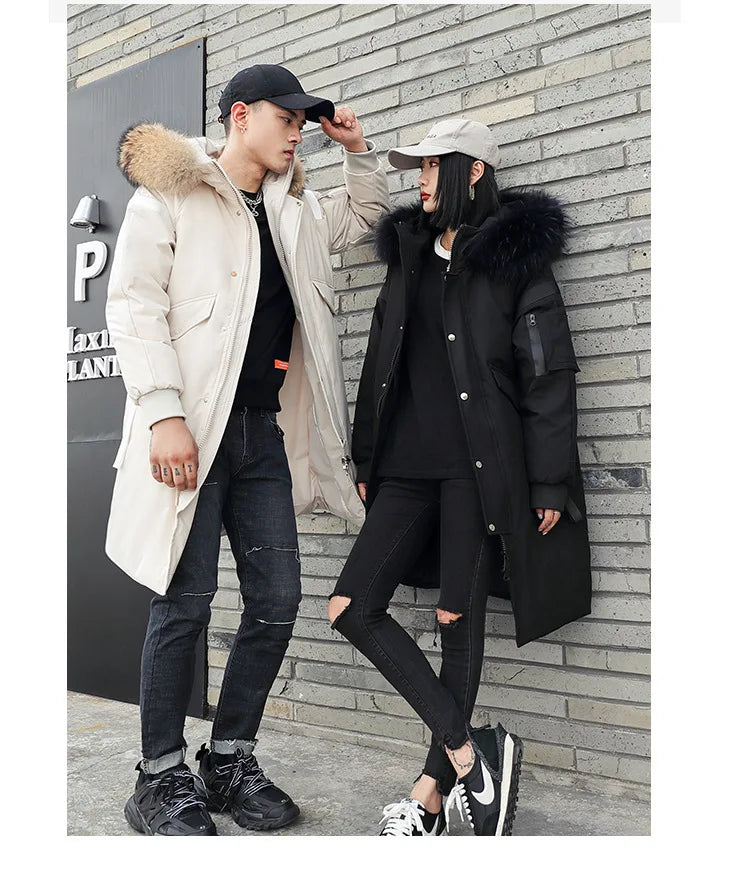 New Winter Down Jacket Men's Couple Fashion Big Fur Collar Medium and Long Youth Pie To Overcome Warmth and Thickening Tide
