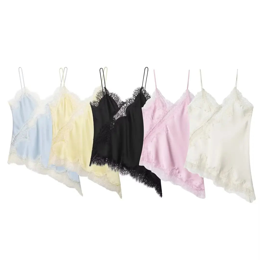HH Summer Women Chic Sexy Lace Spliced Suspender Tops Woman V-neck Sleeveless Backless Hollow Asymmetrical Hem Design Top