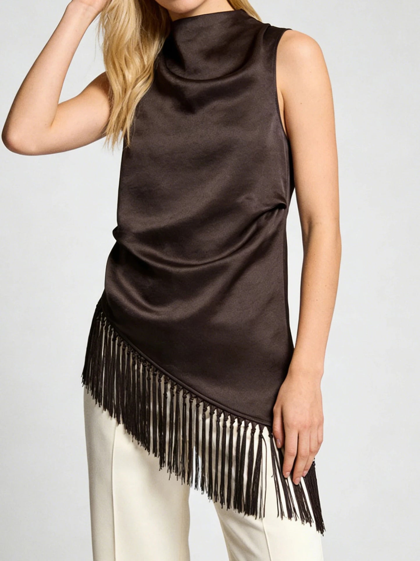 Women's Summer Tassel Hem Vest Brown Sleeveless Solid Color High Neck Long Tank Tops