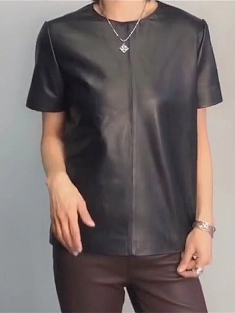 Genuine Leather Tops for Women 2025 Spring/Summer Short Straight Sleeve Round Neck Pullover Shirts & Blouses Thin Suede Blusas